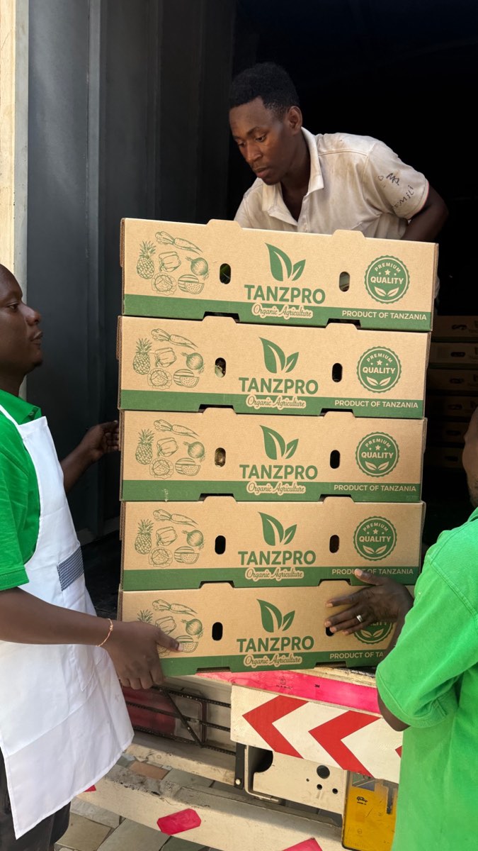 The TanzPro Greens team loading TanzPro-branded export cartons into a refrigerated truck bound for the airport and the Seychelles